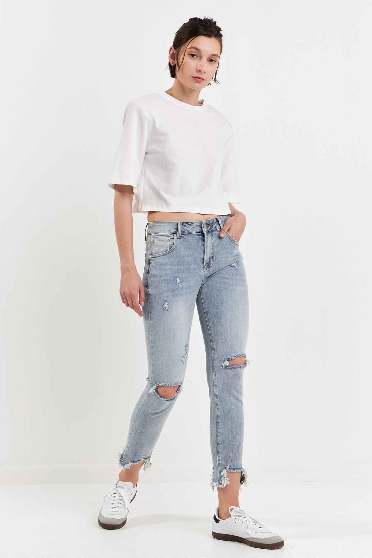 Mid Rise Distressed Ankle Skinny Jeans