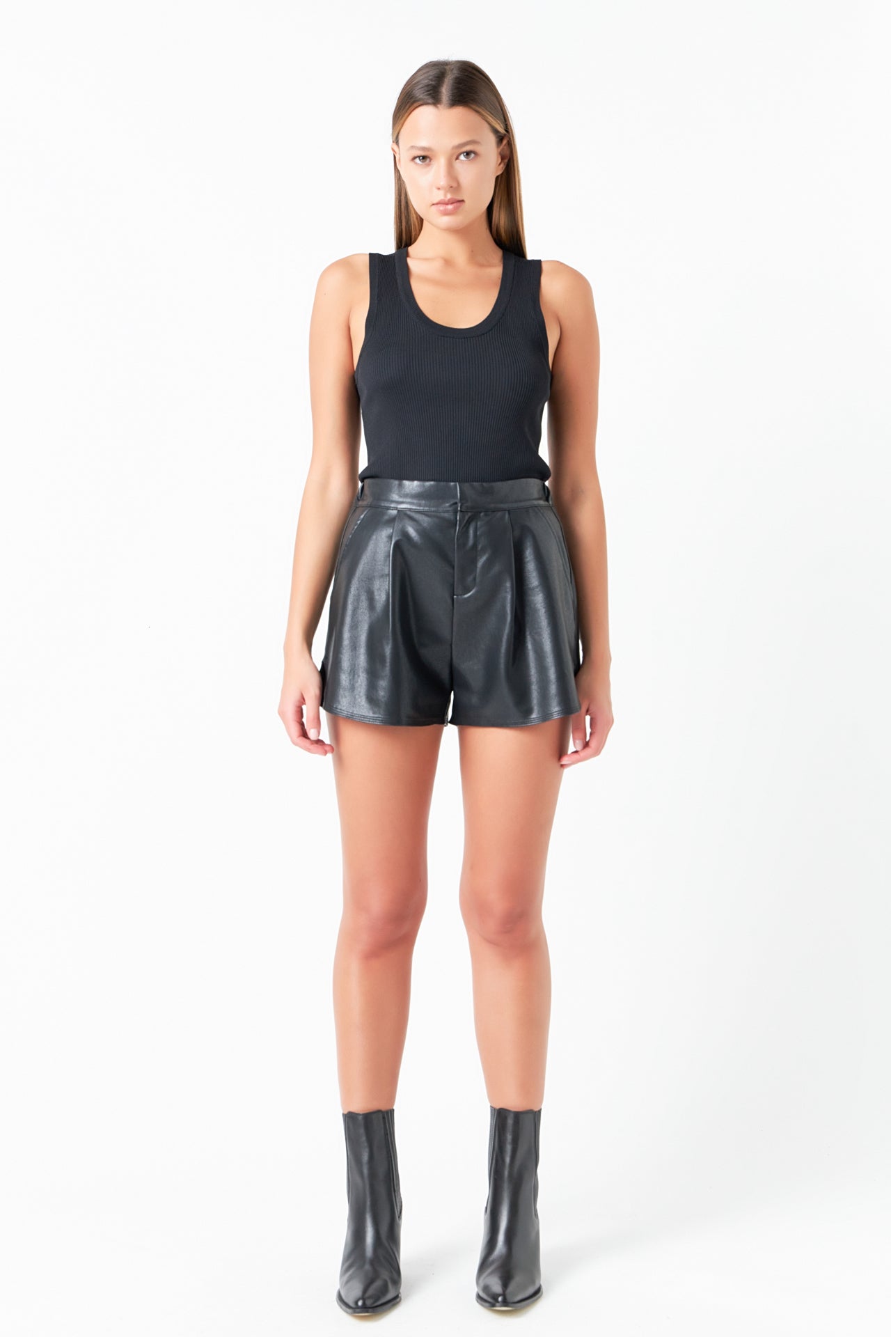 Faux Leather Shorts with Pleated Detail