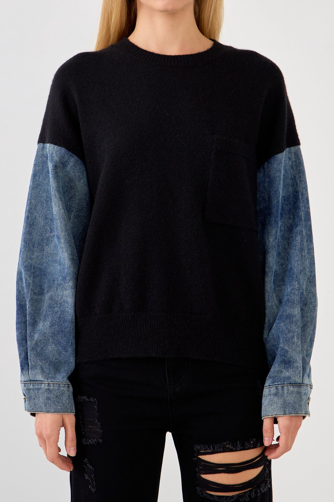 GREY LAB - Denim Combo Sleeve Sweater - SWEATERS & KNITS available at Objectrare