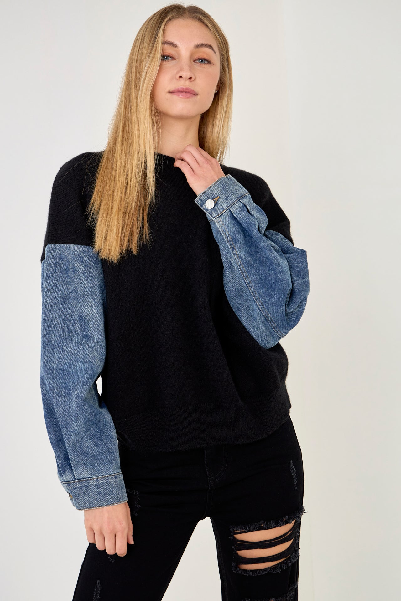 GREY LAB - Denim Combo Sleeve Sweater - SWEATERS & KNITS available at Objectrare