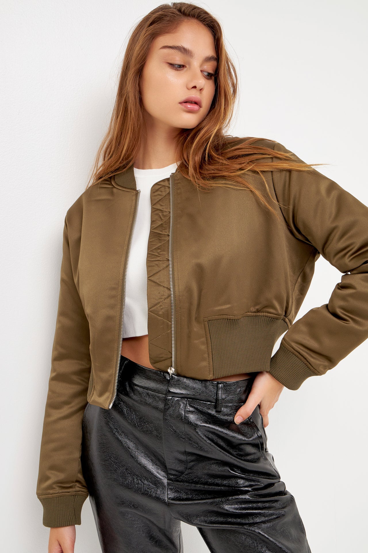 Cropped khaki bomber clearance jacket