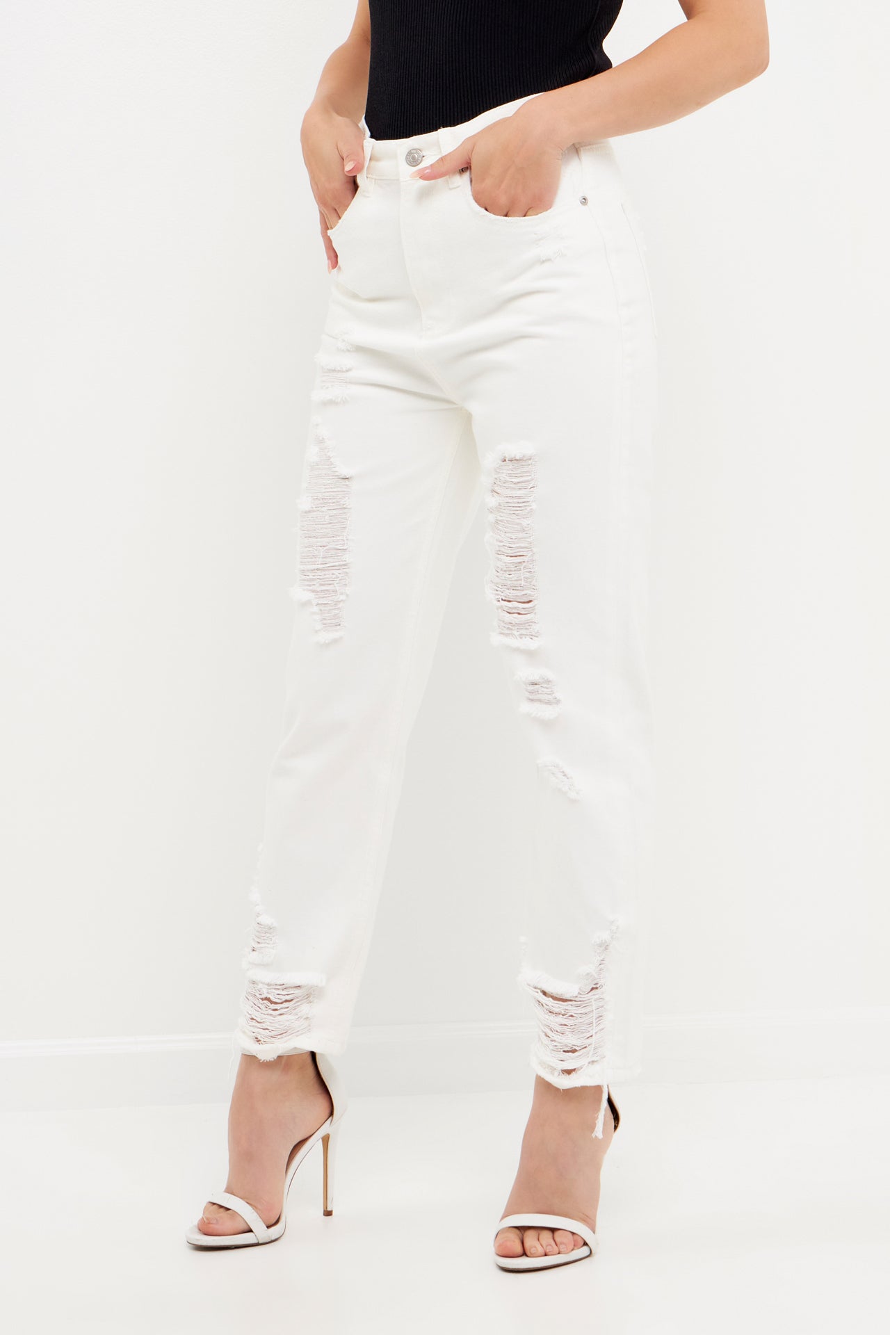 GREY LAB-High-Waisted Distressed Straight Leg Jeans-JEANS available at Objectrare