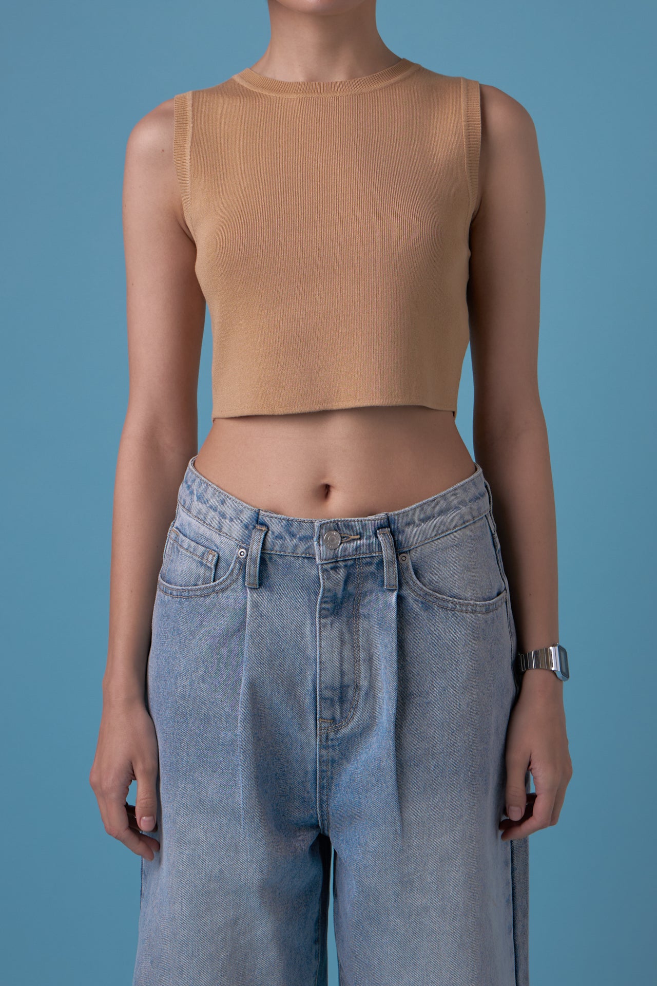 Knit Crew Neck Cropped Tank Top