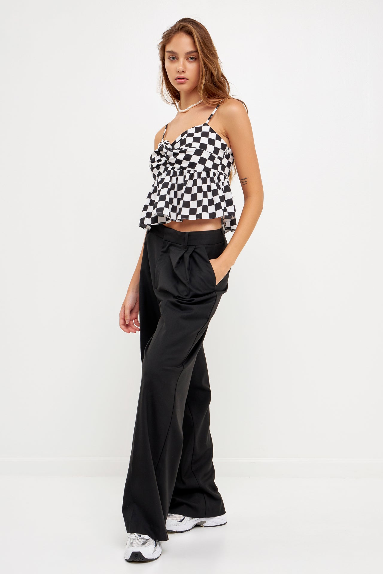 GREY LAB-Knotted Checker Print Top-TOPS available at Objectrare