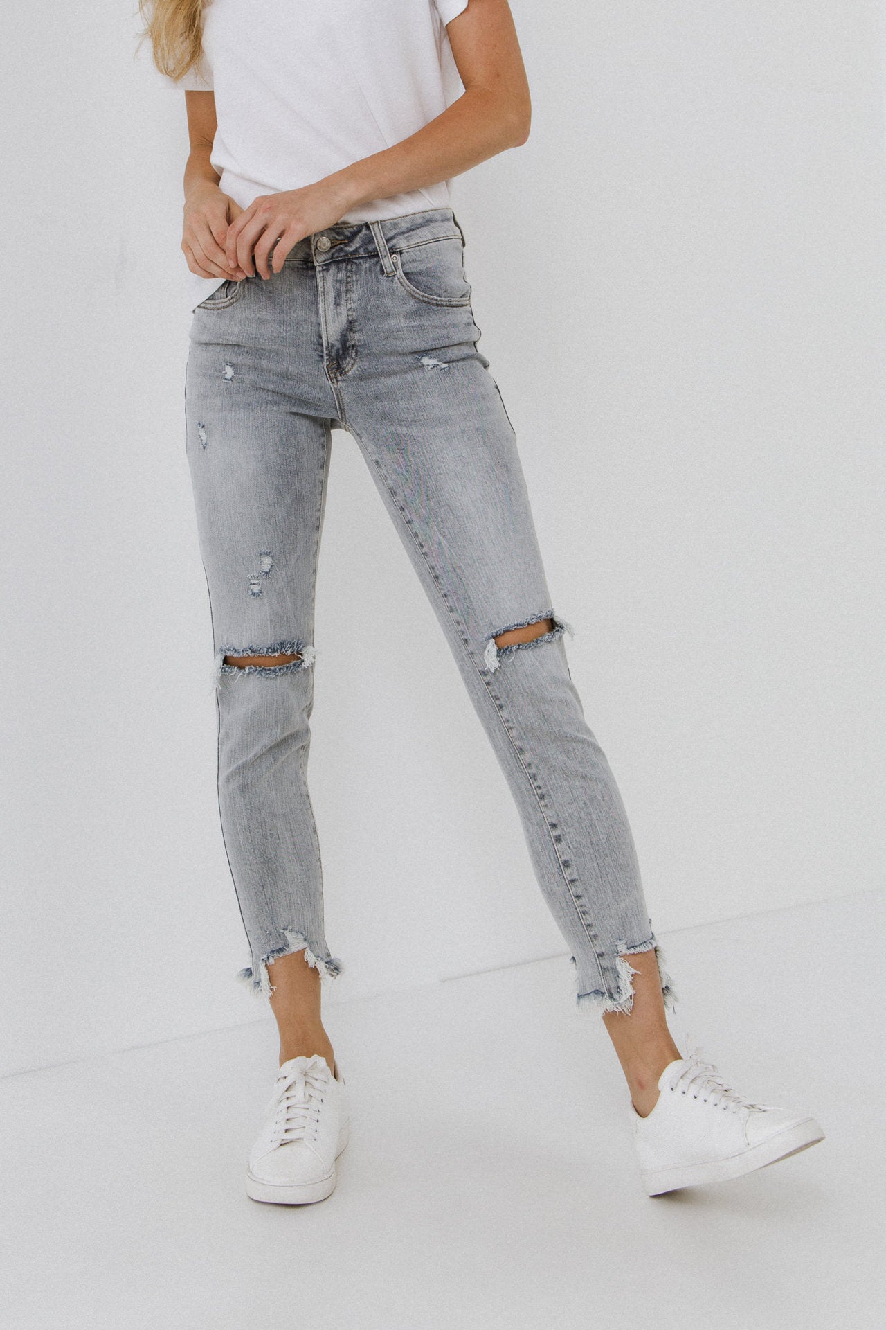 GREY LAB-Mid Rise Distressed Ankle Skinny Jeans-JEANS available at Objectrare